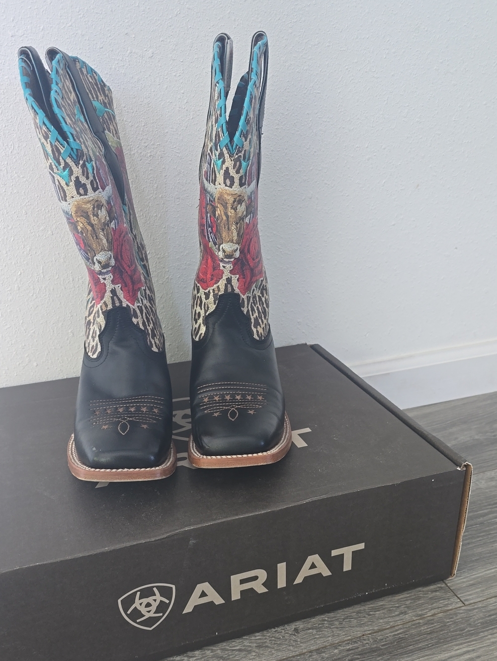 Ariat Black Leather Western Boots with Floral & Turquoise Accents
